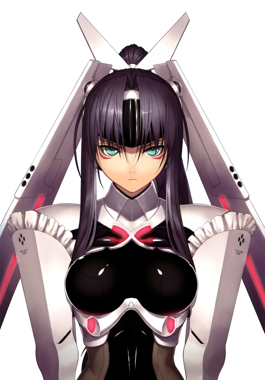absurdres armor bodysuit breast_suppress breasts extraction frills green_eyes highres large_breasts long_hair phantom_queen_ex-xecty ponytail purple_hair shining_(series) shining_hearts tanaka_takayuki transparent_background visor