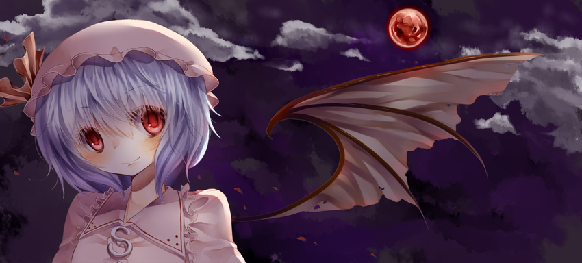 bad_id bad_pixiv_id bat_wings blue_hair blush cloud full_moon hat hat_ribbon highres mob_cap moon night petals red_eyes red_moon remilia_scarlet ribbon short_hair single_wing sky smile solo tepes touhou wings