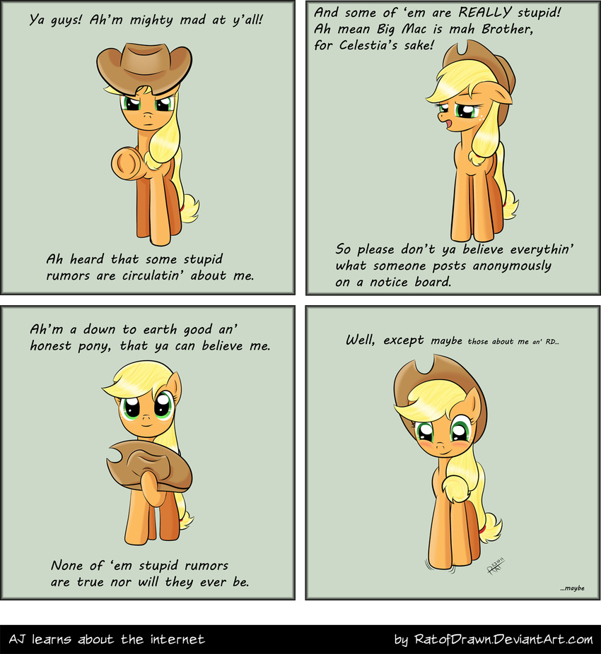 blonde_hair blush breaking_the_fourth_wall celebrity_paradox comic cowboy_hat english_text equine female feral friendship_is_magic fur green_eyes hair hat horse looking_at_viewer mammal my_little_pony orange_fur pony ratofdrawn solo stated_homosexuality text