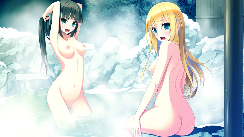 2girls alictia_bright black_hair blonde_hair breasts censored game_cg hyouka_no_mau_sora_ni long_hair multiple_girls nipples nude onsen shiori_mitsuike water