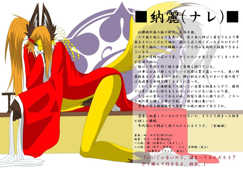 fox girly japanese_clothing japanese_text kimono male mammal solo text