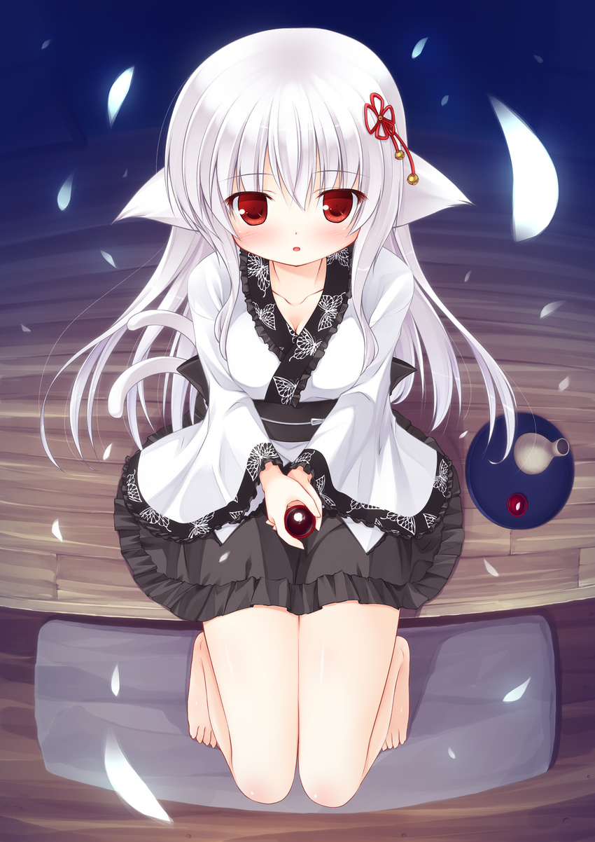 :o absurdres animal_ears barefoot blush bottle cat_ears cat_tail choko_(cup) cup from_above hair_ornament highres japanese_clothes kimono kimono_skirt long_hair looking_at_viewer multiple_tails original petals red_eyes short_kimono silver_hair sitting skirt solo tail tokkuri tray veranda yuku_(kiollion)