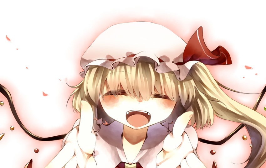 bad_id bad_pixiv_id blonde_hair blush closed_eyes crystal fang flandre_scarlet hat hat_ribbon looking_at_viewer open_mouth ribbon short_hair side_ponytail solo tepes touhou wings