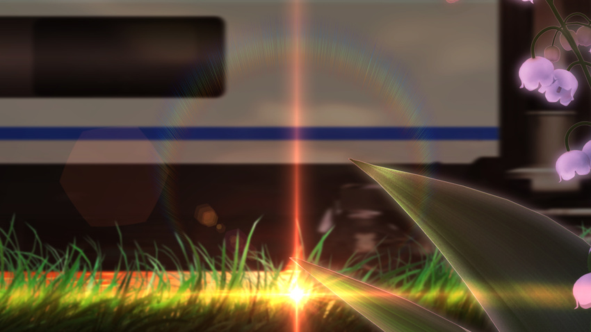 grass ground_vehicle highres leaf lily_of_the_valley no_humans original scenery sunlight train