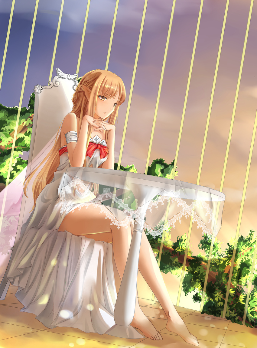 absurdres asuna_(sao) barefoot bow brown_eyes brown_hair chair dress highres leenalink long_hair long_legs sitting solo sword_art_online table titania_(sao)