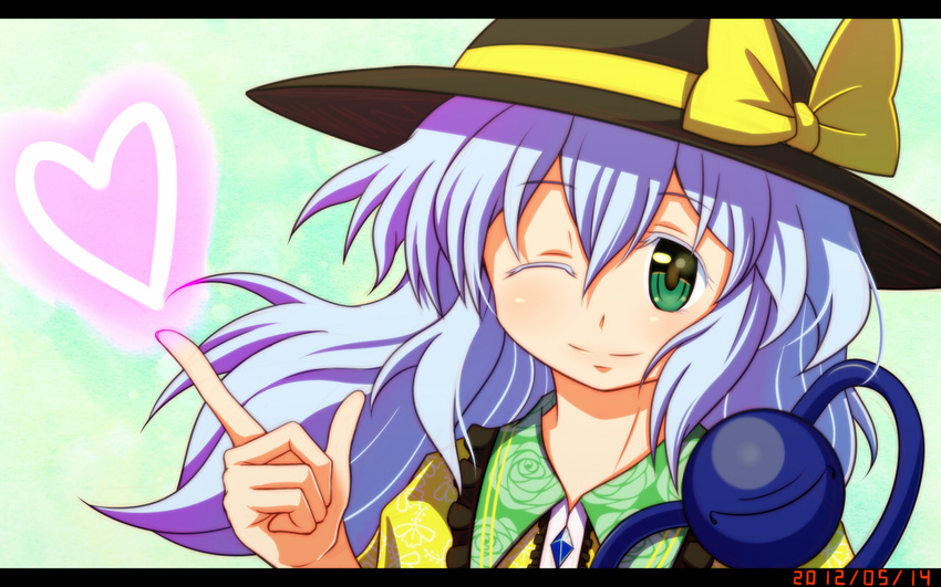 closed_eyes green_eyes hat hat_ribbon heart komeiji_koishi long_hair one_eye_closed qontamblue ribbon silver_hair smile solo third_eye touhou