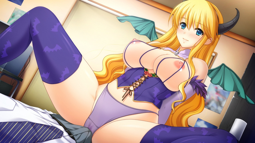 1boy 1girl blonde_hair blue_eyes blush breasts frill frills gakuen_taima game_cg girl_on_top grinding hijirigaoka_lisa horn indoors large_breasts lingerie long_hair looking_at_viewer necktie nipples panties smile socks spread_legs underwear wings