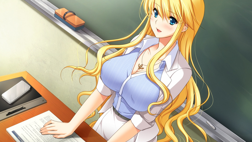 1girl belt blonde_hair blue_eyes blush breasts classroom cleavage collar frill frills gakuen_taima game_cg hijirigaoka_lisa indoors large_breasts long_hair looking_at_viewer smile solo teacher