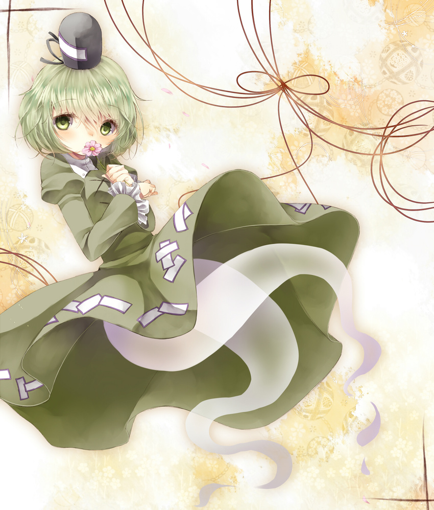 bad_id bad_pixiv_id blush dress flower ghost_tail green_dress green_eyes green_hair hat highres long_sleeves multiple_tails puffy_sleeves short_hair soga_no_tojiko solo tail tate_eboshi tepes touhou