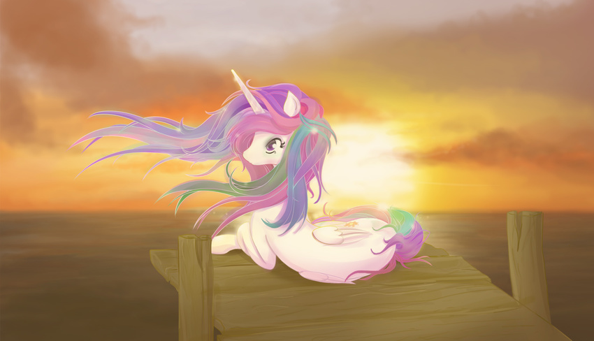 clouds cutie_mark equine female feral friendship_is_magic fur hair horn mammal multi-colored_hair my_little_pony outside princess_celestia_(mlp) purple_eyes sky solo sun sunset v-invidia water white_fur winged_unicorn wings wood