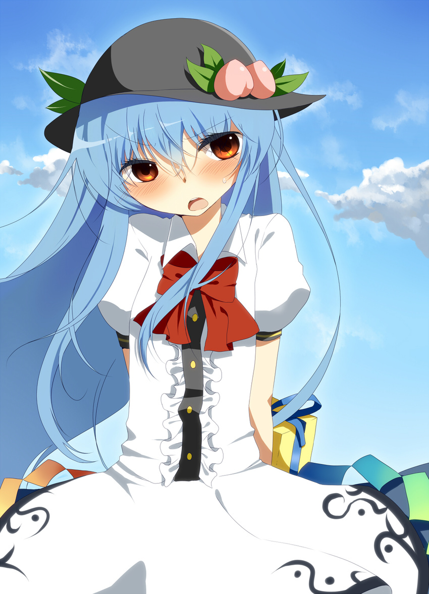 arms_behind_back bad_id bad_pixiv_id blue_hair blush bow cloud day food fruit gift hat highres hinanawi_tenshi leaf long_hair open_mouth orange_eyes peach puffy_sleeves short_sleeves sky solo tepes touhou