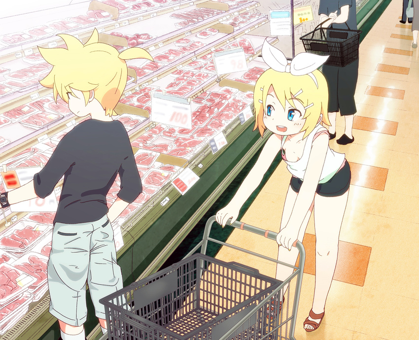 blue_eyes brother_and_sister food kagamine_len kagamine_rin market meat open_mouth ribbon shop shopping_cart siblings smile supermarket tadahama twins vocaloid