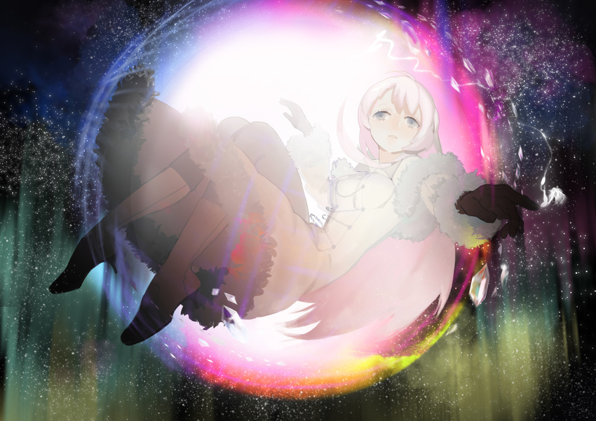 bad_id bad_pixiv_id black_footwear black_gloves boots breasts capelet coat crystal double-breasted dye_(vocaloid) floating fur_trim gloves grey_eyes hands high_heel_boots high_heels highres kaninn long_hair long_sleeves medium_breasts megurine_luka motion_blur no_hat no_headwear outstretched_arms pink_hair plantar_flexion project_diva_(series) project_diva_f shards solo very_long_hair vocaloid white_coat