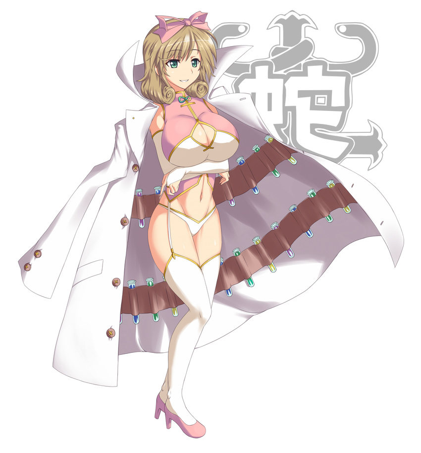 bow breast_hold breasts bridal_gauntlets brown_hair cleavage cleavage_cutout crossed_arms garter_straps green_eyes hair_bow haruka_(senran_kagura) high_heels highres labcoat large_breasts midriff navel nishiumi_yuuta senran_kagura senran_kagura_shoujo-tachi_no_shin'ei shoes smile solo test_tube thighhighs white_legwear