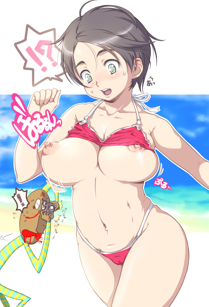 1boy 1girl ? beach bikini black_hair blood blush bouncing_breasts breasts cameltoe camera highres hips large_breasts navel nipple_slip nipples nosebleed open_mouth original perky_breasts sanemichi_hajime short_hair surprised sweatdrop swimsuit wardrobe_malfunction