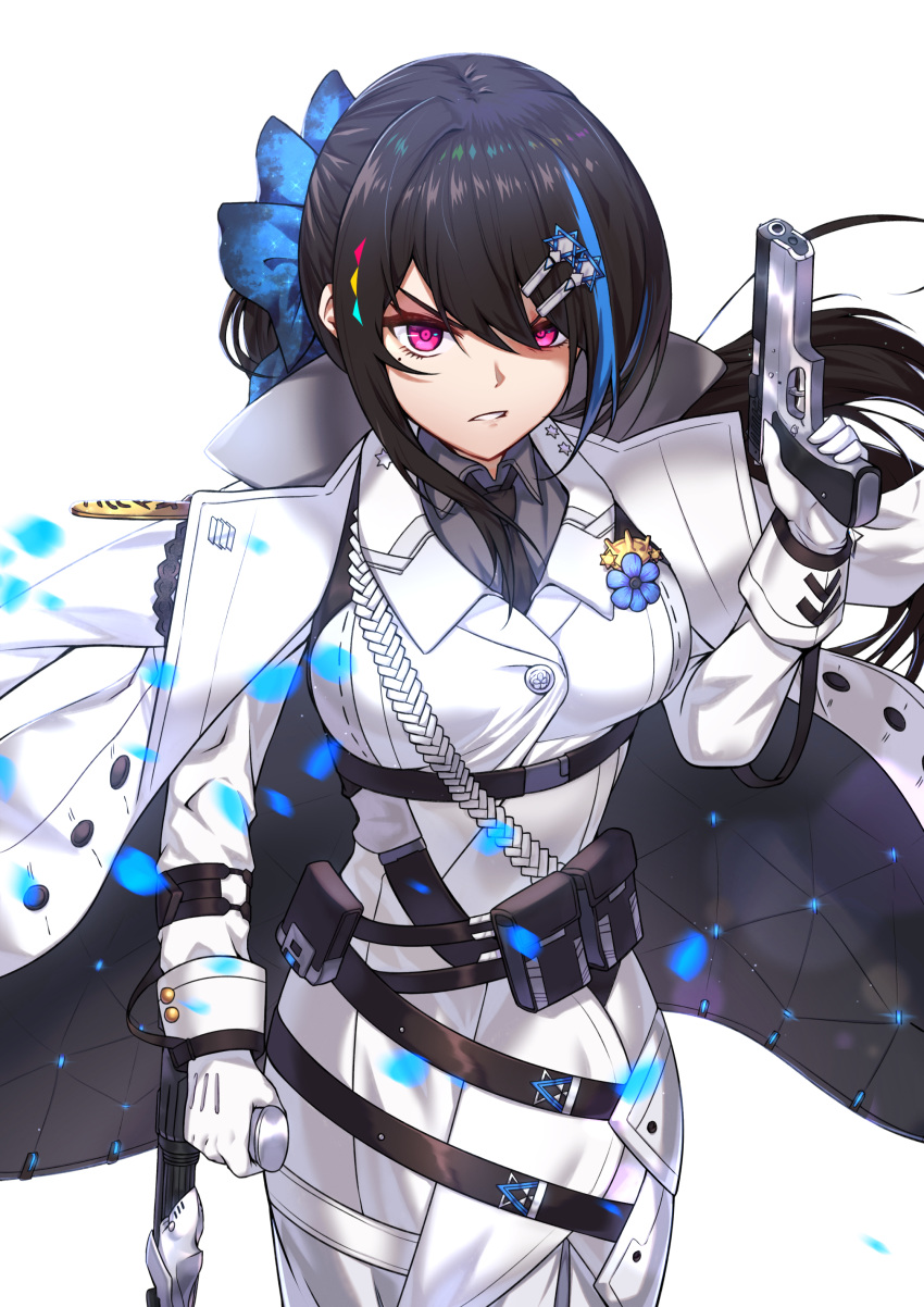 1girl absurdres aiguillette bangs black_hair blue_bow blue_hair bow crutch dress eyebrows_visible_through_hair girls_frontline grey_shirt gun hair_bow hair_ornament hairclip handgun hexagram highres holding holding_crutch imi_jericho jacket jacket_on_shoulders jericho_(girls_frontline) light_particles long_hair long_sleeves looking_at_viewer medal multicolored_hair multiple_straps necktie open_clothes open_jacket panix2383 parted_lips pistol pouch purple_eyes shirt simple_background sleeve_cuffs solo sparkle star star_of_david streaked_hair taut_clothes weapon white_background white_dress white_jacket