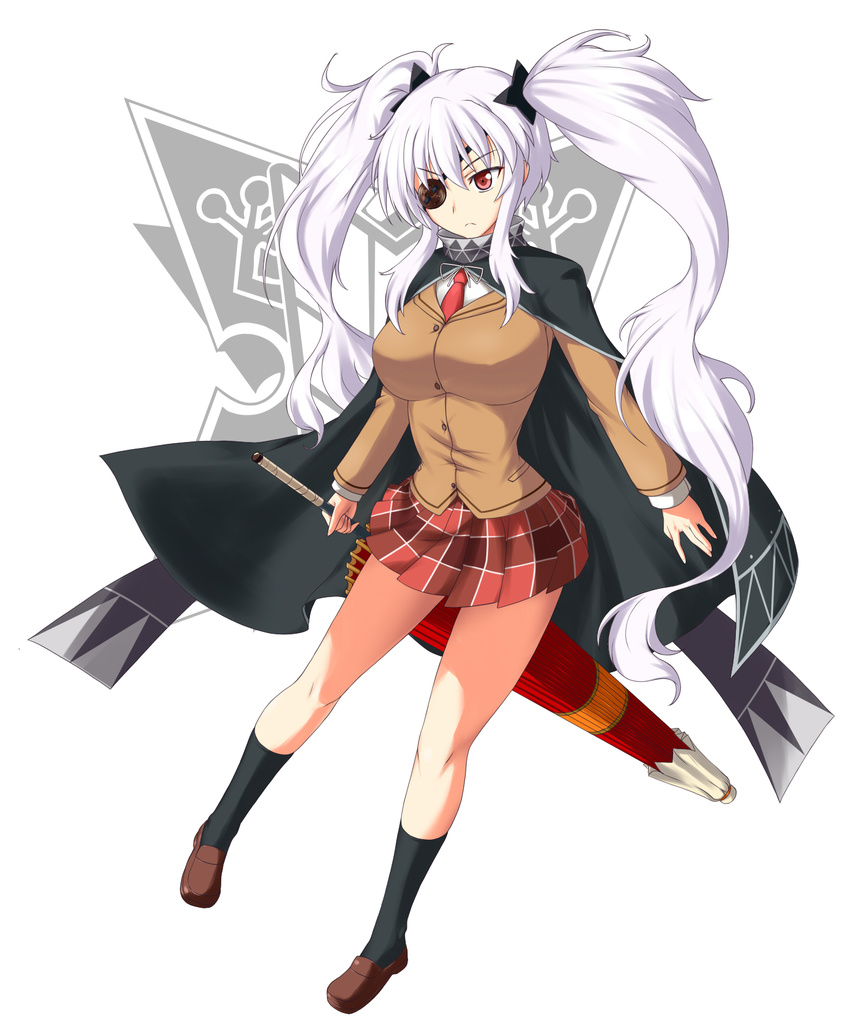 black_legwear breasts cape eyepatch frown hair_ornament highres large_breasts long_hair nishiumi_yuuta oriental_umbrella red_eyes school_uniform senran_kagura senran_kagura_shoujo-tachi_no_shin'ei shuriken socks solo twintails umbrella very_long_hair white_hair yagyuu_(senran_kagura)