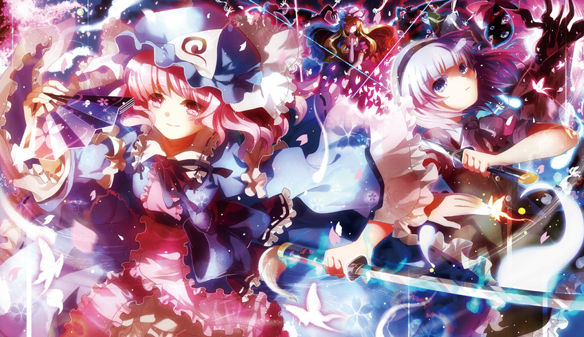 aquamarine blonde_hair blue_eyes bug butterfly dual_wielding eyes fan gap hairband hat hat_ribbon hitodama holding insect konpaku_youmu konpaku_youmu_(ghost) long_hair long_sleeves multiple_girls petals pink_eyes pink_hair puffy_sleeves purple_eyes ribbon saigyouji_yuyuko short_hair short_sleeves silver_hair smile sword touhou tree triangular_headpiece weapon wide_sleeves yakumo_yukari