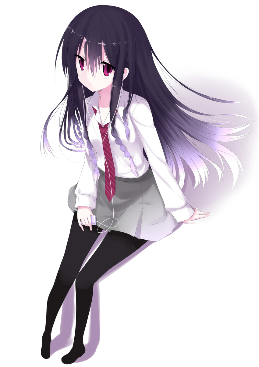 bad_id bad_pixiv_id black_hair braid copyright_request digital_media_player earphones gradient_hair highres liong long_hair multicolored_hair pantyhose red_eyes solo