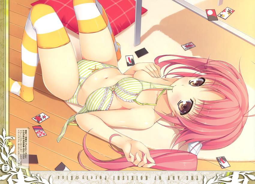 absurdres bow bow_panties bra breasts brown_hair card highres kazama_akari koikishi_purely_kiss long_hair looking_at_viewer lying medium_breasts mouth_hold navel on_back panties pink_hair playing_card scan smile solo striped striped_bra striped_legwear striped_panties thighhighs twintails underwear underwear_only yuuki_hagure