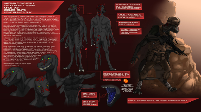 alien bioluminescence four_arms glowing gun hi_res military model_sheet multi_limb multiple_arms naerian nalz nude piercing ranged_weapon reptile scalie stripes teeth thecrazydragon tongue weapon