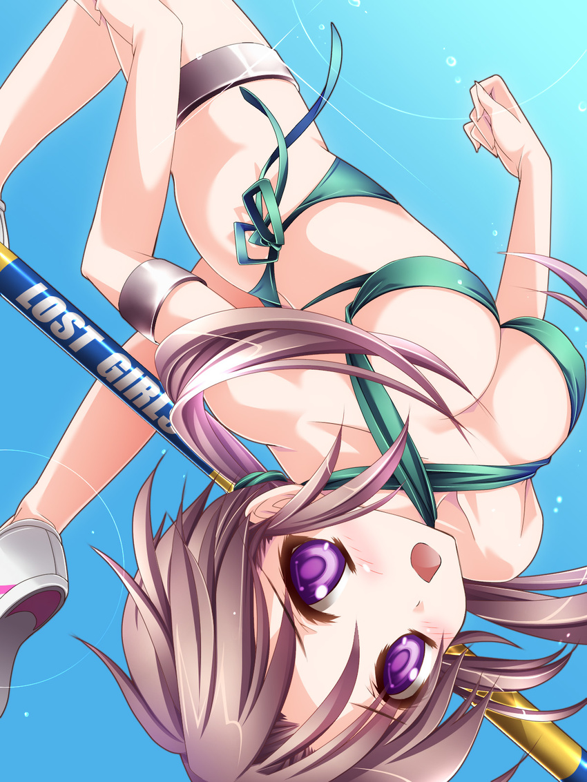 bikini breasts brown_hair cleavage d: diffraction_spikes green_bikini highres medium_breasts moneti_(daifuku) open_mouth original pole_vault purple_eyes side-tie_bikini solo swimsuit track_and_field upside-down