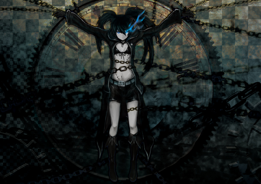 belt black_rock_shooter black_rock_shooter_(character) blue_eyes boots bsl chain checkered clock highres midriff scar solo twintails
