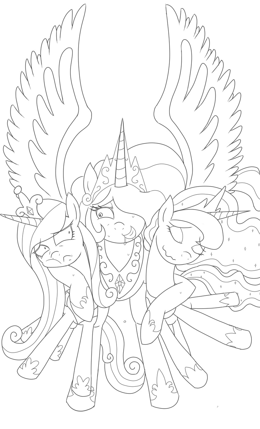 black_and_white crown drooling equine eyes_closed female feral friendship_is_magic horn horse janji009 mammal monochrome my_little_pony plain_background pony princess princess_cadance_(mlp) princess_cadence princess_celestia_(mlp) princess_luna_(mlp) rape_face royalty saliva sweat white_background wing_boner winged_unicorn wings