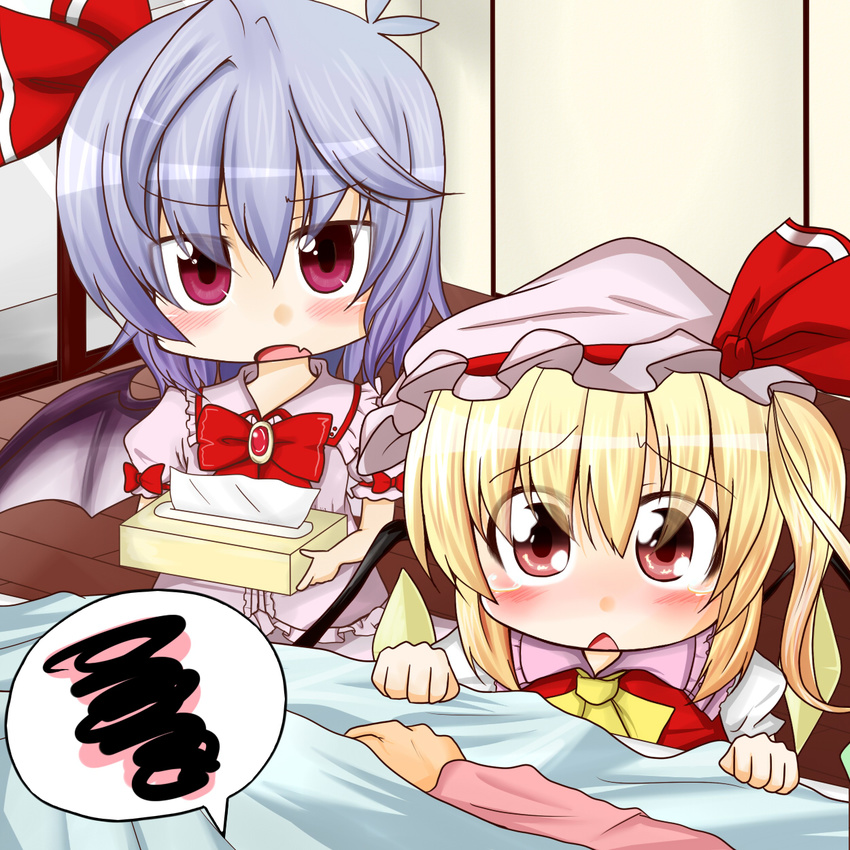 :&gt; bat_wings bed blonde_hair blush bow brooch check_translation commentary fang flandre_scarlet hair_ribbon hat hat_ribbon highres jewelry kamiyakarin looking_at_viewer lying multiple_girls no_hat no_headwear on_bed open_mouth pov purple_eyes red_eyes remilia_scarlet ribbon shirt short_hair siblings side_ponytail sisters skirt skirt_set spoken_squiggle squiggle tears tissue_box touhou translated translation_request wings