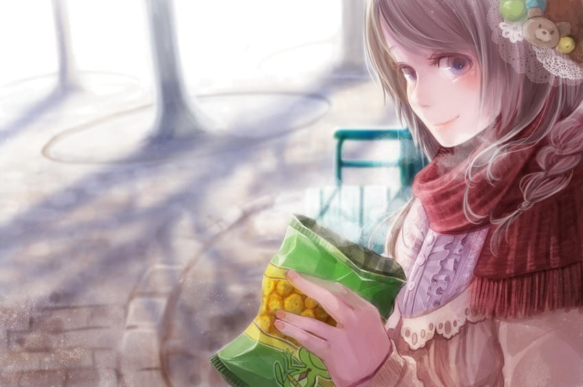 aka_tonbo_(lovetow) blue_eyes blush brown_hair hair_ornament holding looking_at_viewer original packet scarf shadow smile solo sunlight tree