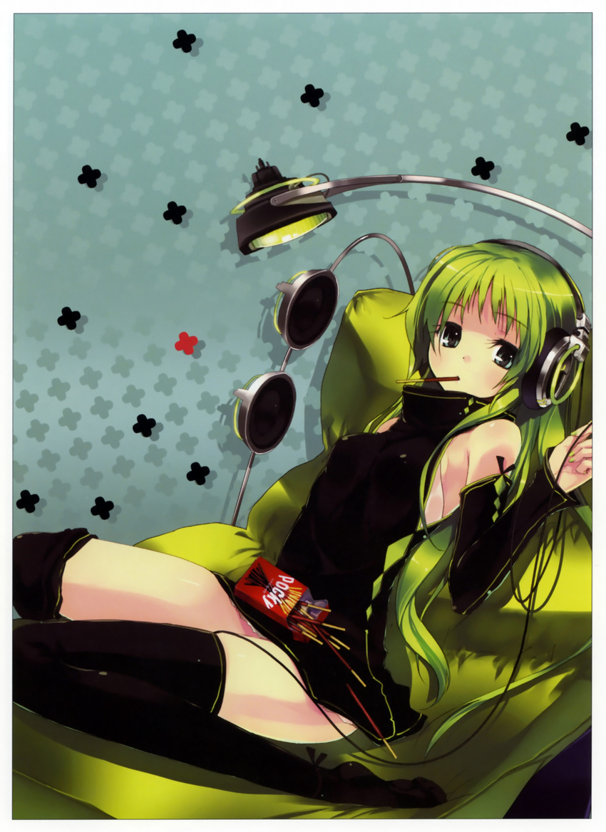 absurdres black_legwear detached_sleeves dress fingernails food green_eyes green_hair headphones highres lamp long_fingernails long_hair mouth_hold nail_polish original pocky refeia scan sitting solo thighhighs