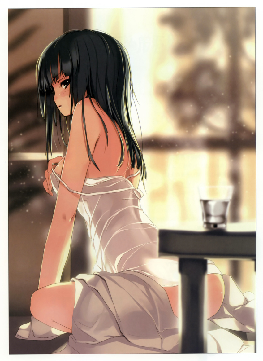 absurdres bare_shoulders black_eyes black_hair breasts dress highres long_hair looking_at_viewer medium_breasts original parted_lips refeia scan see-through_silhouette sideboob sitting solo strap_slip undressing wet white_dress