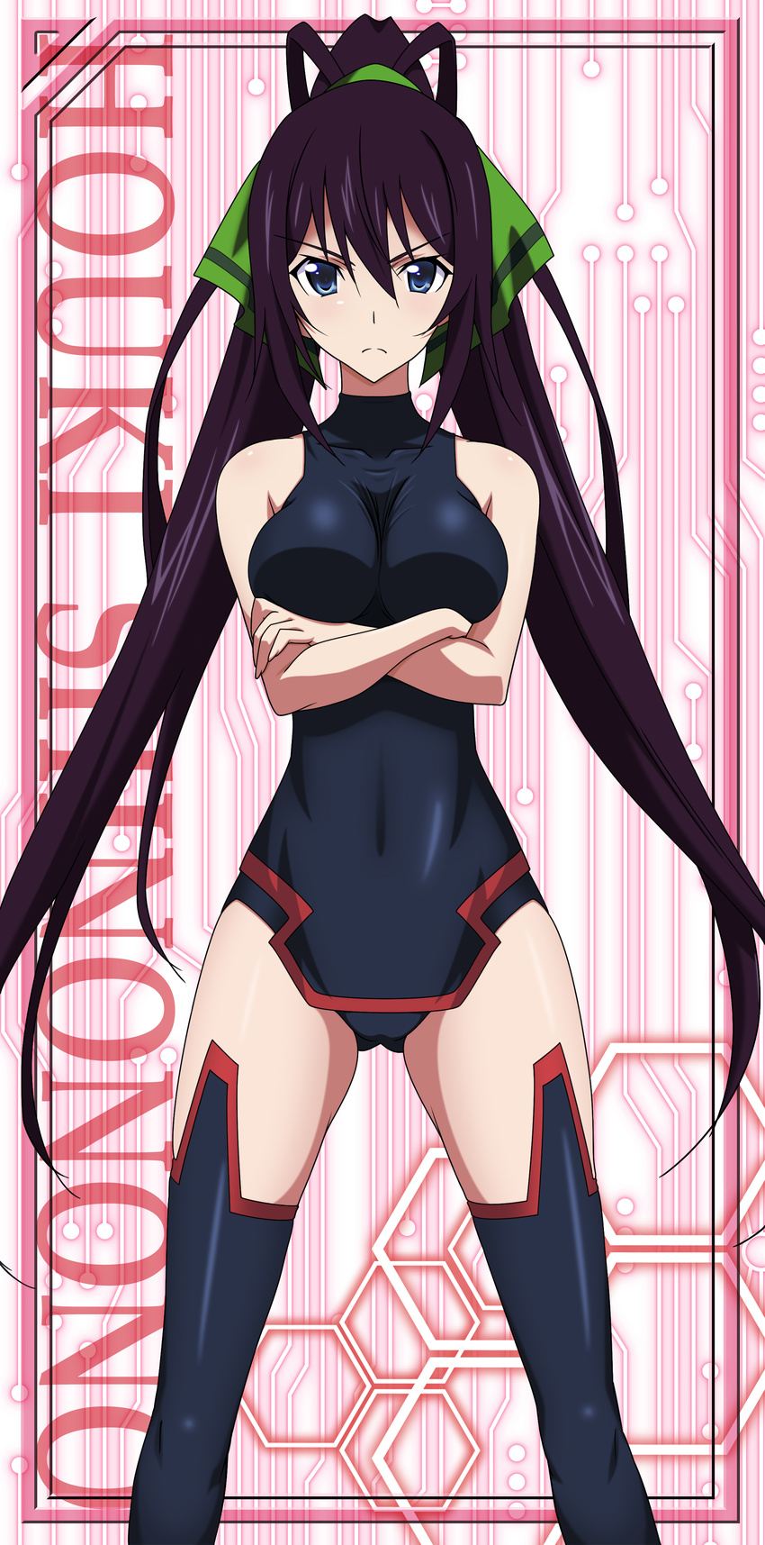 &gt;:( absurdres angry antenna_hair ass_visible_through_thighs bangs bare_shoulders black_hair black_legwear blue_eyes breasts character_name circuit_board covered_navel crossed_arms frame frown hair_between_eyes hair_ribbon halterneck high_ponytail highres hips impossible_clothes impossible_leotard infinite_stratos large_breasts leotard long_hair long_image looking_at_viewer official_art pelvic_curtain pilot_suit ribbon shinonono_houki sidelocks solo split_ponytail standing stick_poster thighhighs turtleneck v-shaped_eyebrows very_long_hair