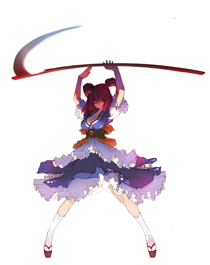 absurdres alternate_weapon arms_up breasts cleavage clog_sandals coin dress flower hair_bobbles hair_ornament highres large_breasts obi one_eye_closed onozuka_komachi red_eyes red_hair sash scythe short_hair sky smile solo tabi touhou tsunekun two_side_up weapon white_legwear