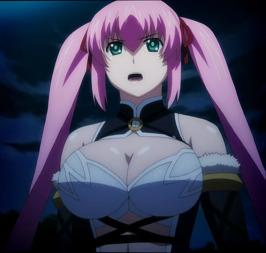 breasts cleavage green_eyes hagure_yuusha_no_estetica highres jpeg_artifacts ousawa_miu pink_hair screencap solo stitched third-party_edit