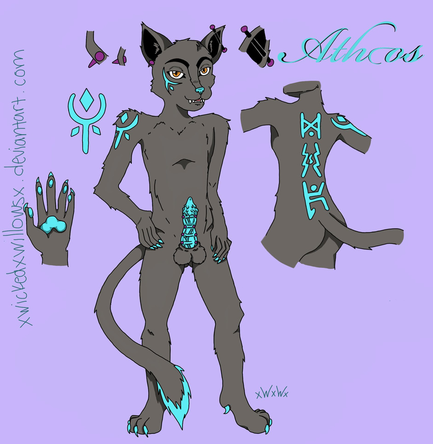 balls barbs claws ear_piercing erection feline fur genital_piercing grey_fur invalid_color looking_at_viewer male mammal markings model_sheet nude penis piercing purple_background runes teal text vein xwickedxwillowsx