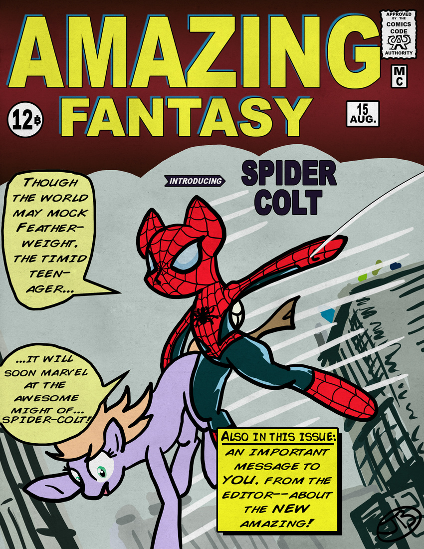 costume cover crossover custom english_text equine featherweight_(mlp) female feral friendship_is_magic horse kinetic-2 male mammal my_little_pony parody pegasus pony spider-man text the-kinetic wings