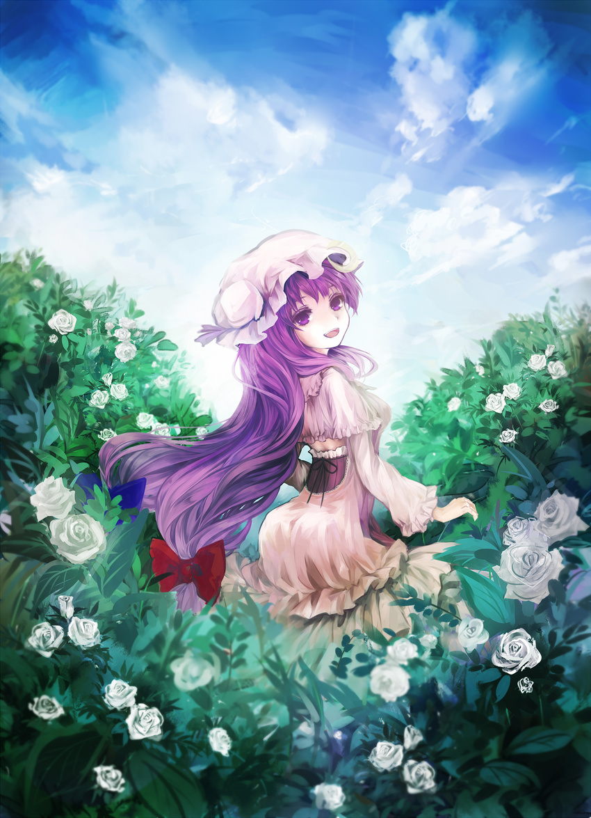 chagu cloud day flower hat highres long_hair looking_back nature open_mouth outdoors patchouli_knowledge purple_eyes purple_hair rose sky smile solo touhou white_flower white_rose