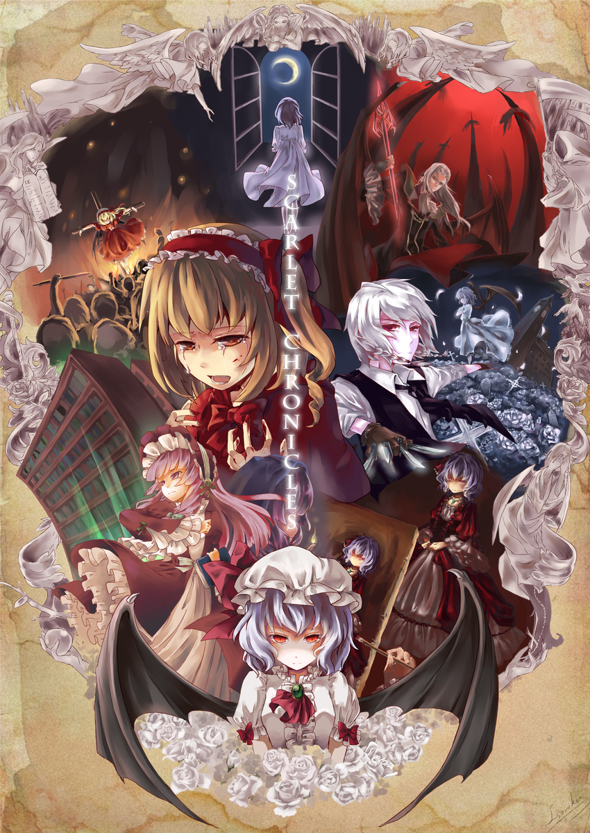 4girls absurdres alternate_costume alternate_headwear angel art_brush ascot bat_wings blonde_hair blood blood_on_face bloody_hands blue_hair braid brooch brown_gloves brush coat cross crowd crucifixion crying death_(entity) dress far_eastern_funion flandre_scarlet flower gloves graveyard hair_ribbon hairband hat hat_ribbon highres izayoi_sakuya jewelry knife long_hair moon multiple_girls night no_hat no_headwear open_mouth outstretched_arm paintbrush painting painting_(object) patchouli_knowledge polearm purple_eyes purple_hair raised_fist red_dress red_eyes remilia_scarlet ribbon rose scarlet_devil_mansion scythe shirt short_hair side_ponytail silver_hair smile spear stake touhou twin_braids vest weapon white_dress white_flower white_rose wings