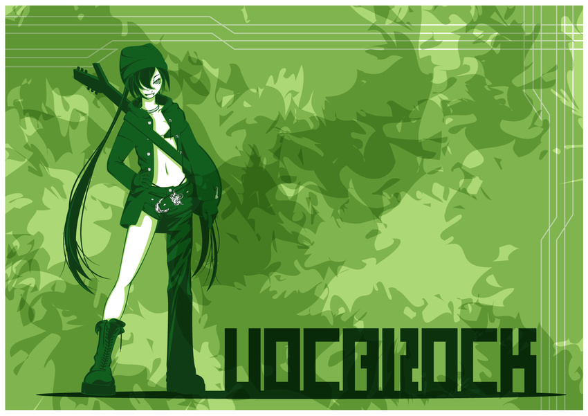 bandaid boots green guitar instrument long_hair monochrome siraume11 twintails vocaloid