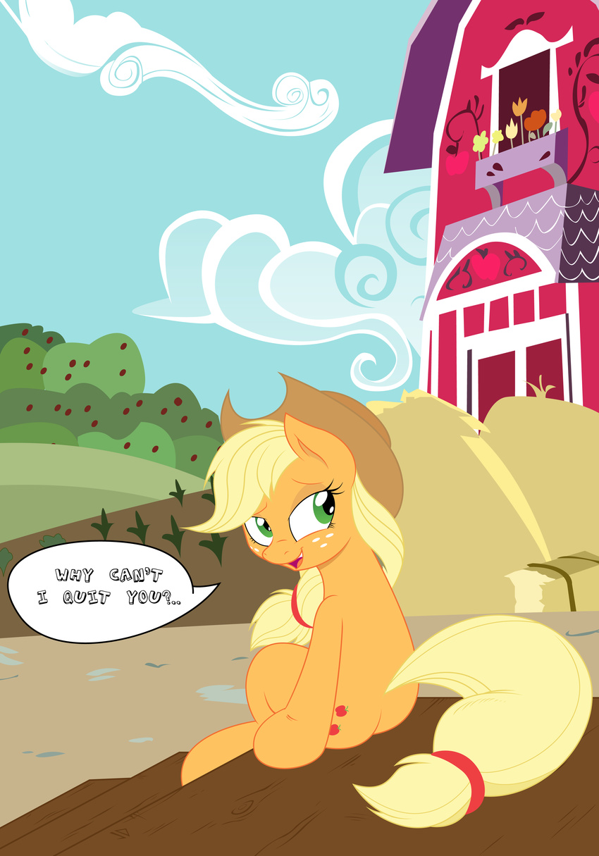 applejack_(mlp) barn bednarowski blonde_hair colored cowboy_hat cutie_mark dialog dialogue edit equine female feral freckles friendship_is_magic green_eyes hair hat hay hi_res horse joey-darkmeat mammal my_little_pony outside pony sitting solo text