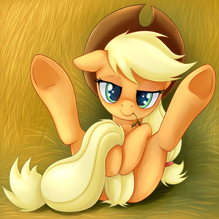 blonde_hair covering cowboy_hat equine female feral freckles friendship_is_magic fur green_eyes hair hat horn horse long_hair looking_at_viewer lying mammal my_little_pony on_back orange_fur pony rainbow_(artist) smile solo spreading tail_censorship