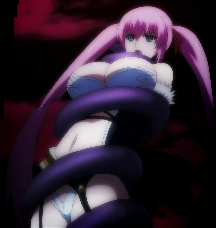 breasts cleavage green_eyes hagure_yuusha_no_estetica highres jpeg_artifacts navel ousawa_miu pink_hair screencap solo tentacles twintails