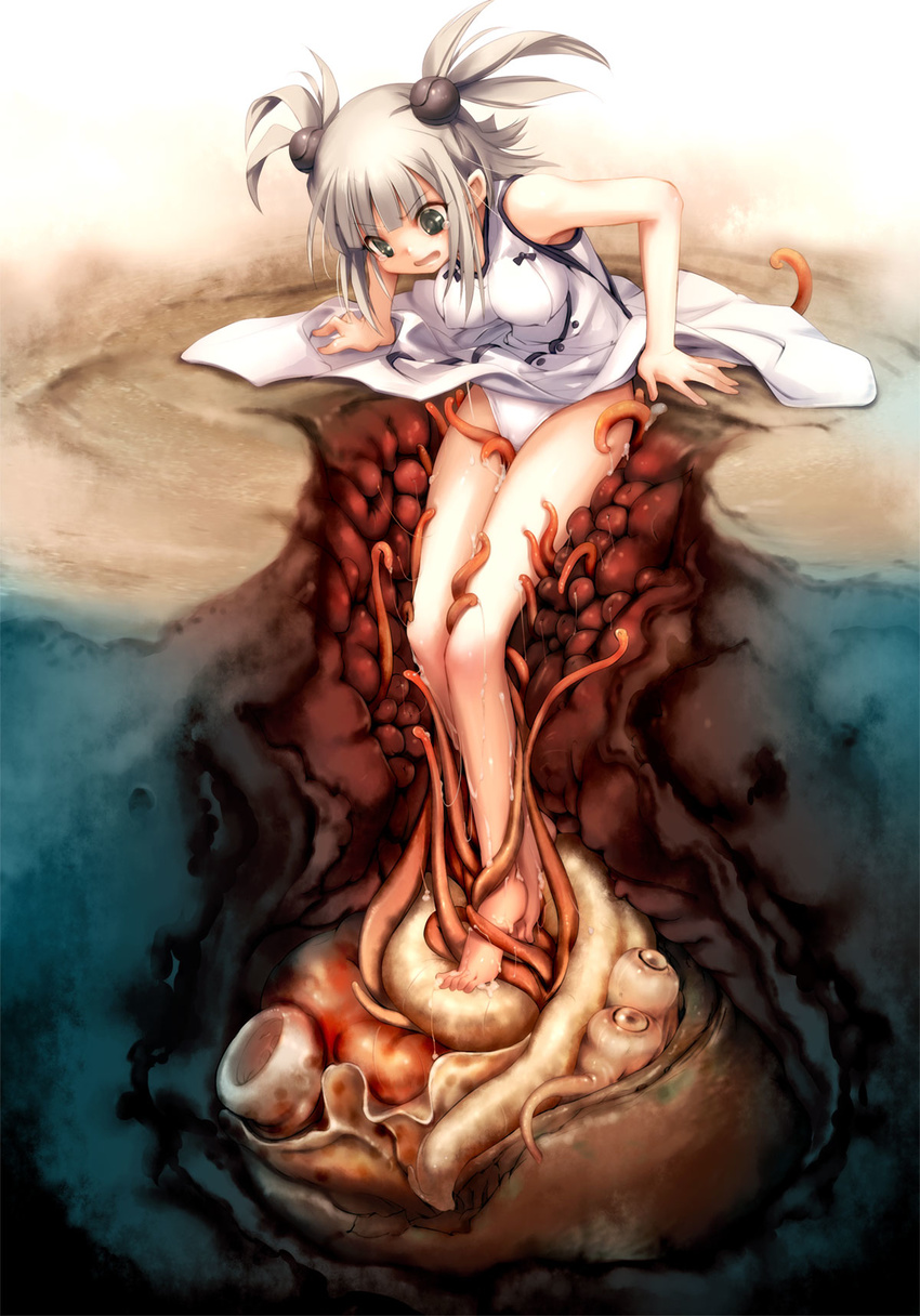 barefoot breasts cameltoe china_dress chinese_clothes covered_nipples dress green_eyes highres hitomaru imminent_rape medium_breasts open_mouth original panties silver_hair sinking solo stuck tears tentacles twintails underwear white_panties x-ray