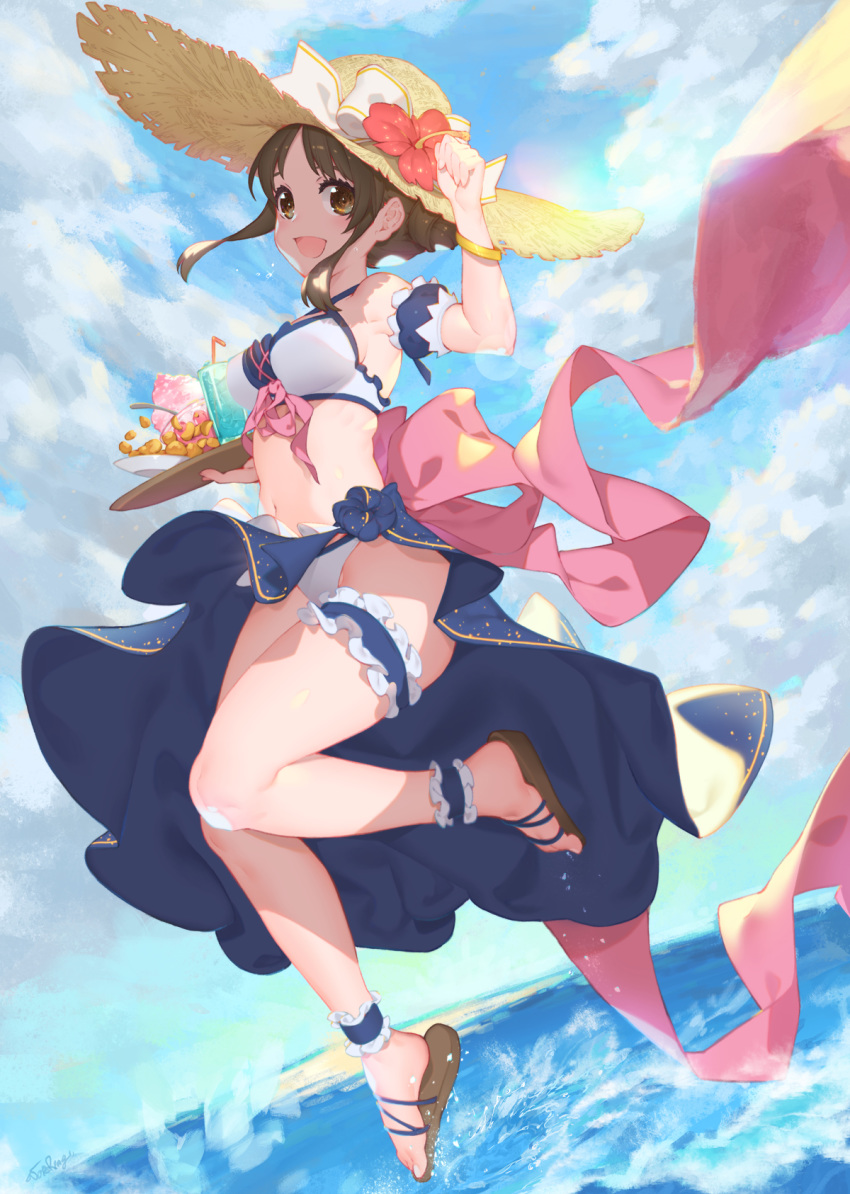 1girl :d amano_suzume ankle_garter arm_up armpits bangle bare_legs bikini blue_skirt blush bow bracelet breasts brown_eyes brown_hair cloud cloudy_sky commentary_request cup day detached_sleeves drink drinking_glass flower food frills hair_bun hat hat_bow hat_flower hibiscus highres holding holding_tray horizon ice ice_cream ice_cube jewelry jumping leg_garter long_hair medium_breasts navel ocean open_mouth outdoors pink_ribbon plate princess_connect!_re:dive puffy_short_sleeves puffy_sleeves ribbon sandals short_sleeves sidelocks signature skirt sky smile solo splashing spoon stomach straw_hat swimsuit tareme tray water waterring white_bikini white_bow