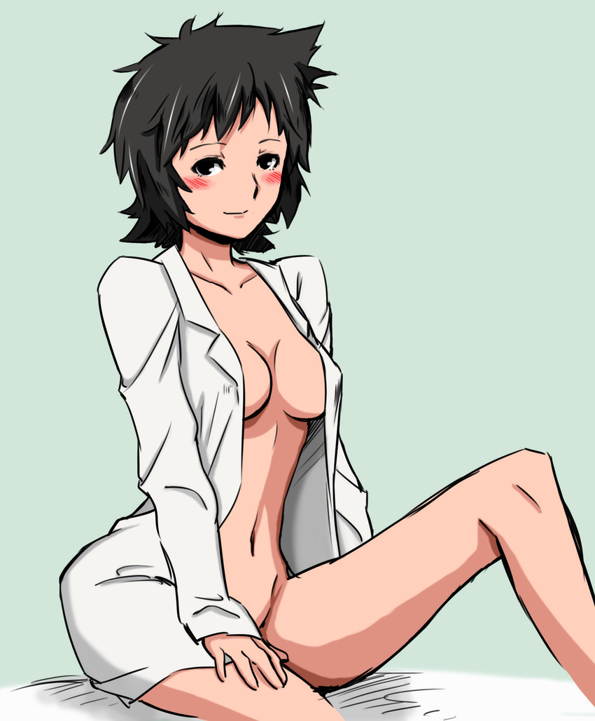 black_hair blush_stickers breasts colorized gebyy-terar highres maggie_mui medium_breasts naked_shirt navel no_bra no_panties open_clothes open_shirt r.o.d_the_tv read_or_die shirt short_hair simple_background sitting smile solo
