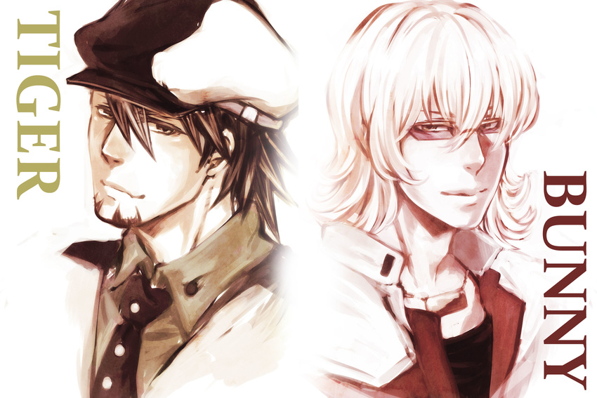 barnaby_brooks_jr blonde_hair brown_eyes brown_hair cabbie_hat dice_text facial_hair glasses green_eyes hat highres multiple_boys muted_color portrait stubble tiger_&amp;_bunny