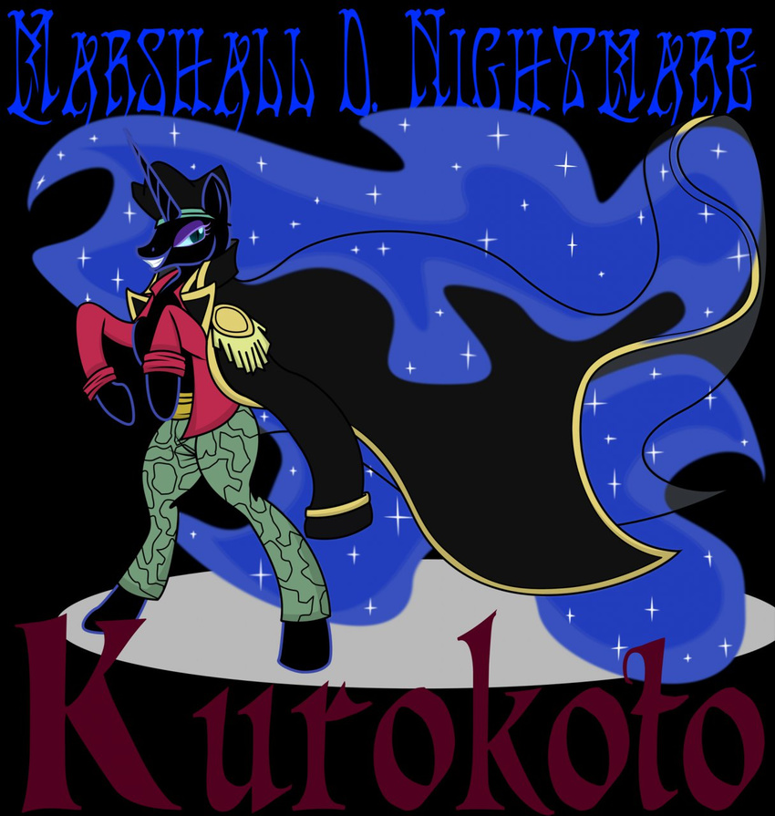 cloak clothing crossover equine female feral friendship_is_magic hat horn horse killkatt looking_at_viewer mammal marshall_d_teach my_little_pony nightmare_moon_(mlp) one_piece plain_background pony smile solo text