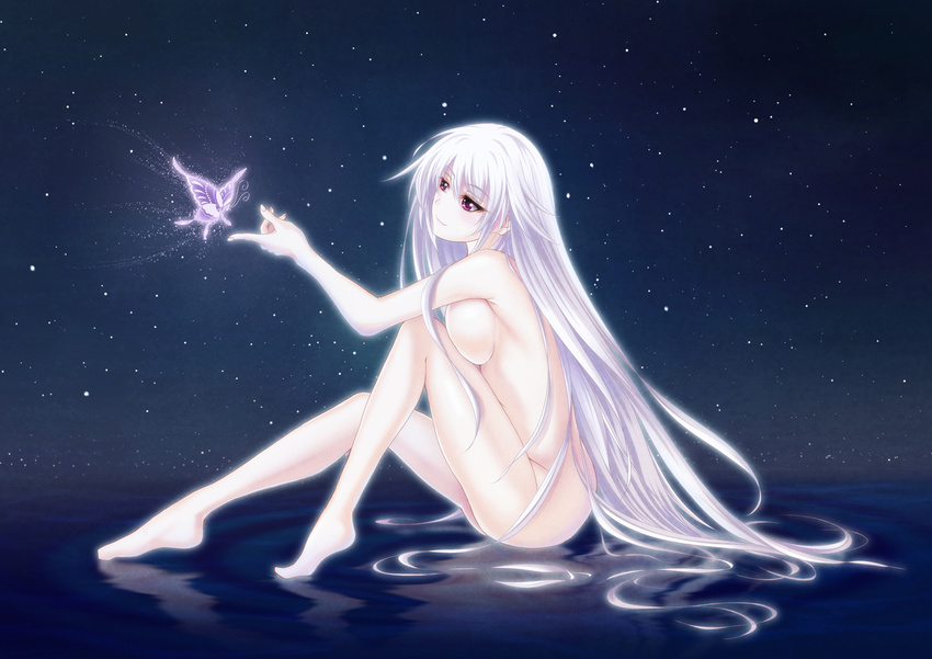 blush breast_press breasts bug butterfly closed_mouth eyebrows_visible_through_hair from_side full_body glowing head_tilt insect large_breasts lavender_hair long_hair nude original purple_eyes reflection ripples sitting smile solo testa421 very_long_hair
