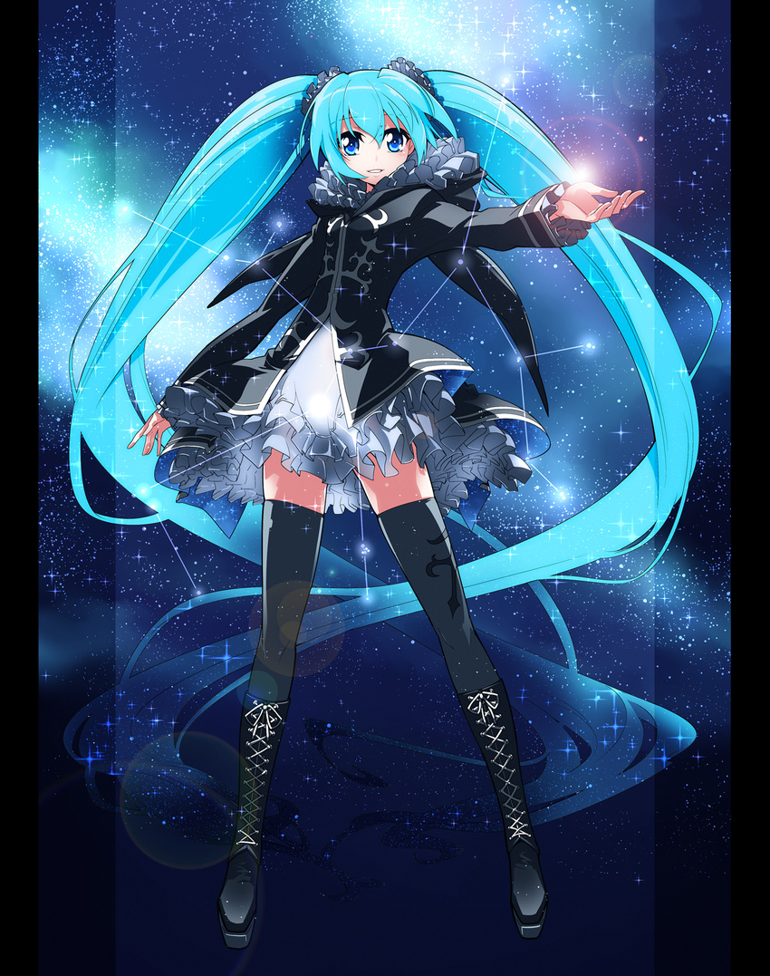 aqua_hair black_legwear blue_eyes boots constellation cross-laced_footwear dress hatsune_miku highres knee_boots lace-up_boots lens_flare long_hair outstretched_arm pillarboxed skindentation solo star thighhighs toda_youkon twintails very_long_hair vocaloid